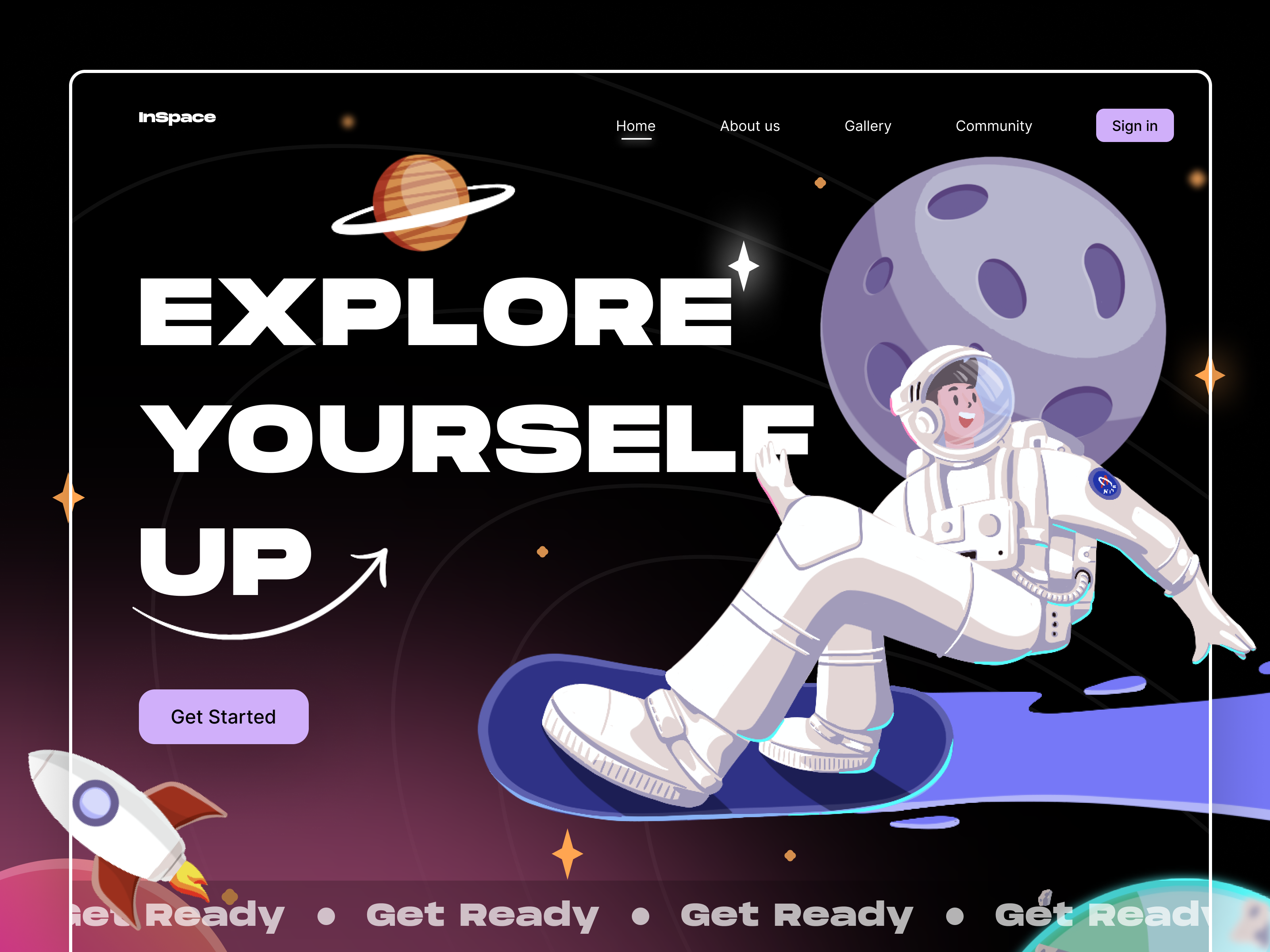 Inspace - Hero Illustration astronaut characters design exploration flat flat illustration freedom galaxy hero hero illustration illustration space ui