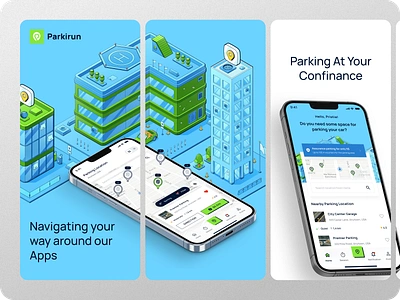 Parkirun - App Store Assets app design app store apple store appstore assets store blue book parking green isometric minimalist mobile design modern parking parking area parking system parkirun playstore screenshot unique style vehicle