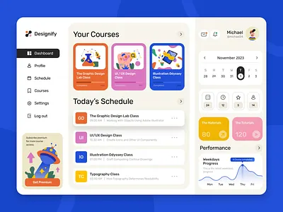 Designify - E-Learning Dashboard class course course dashboard dashboard design e learning e learning dashboard education landing page online course online courses online education platform study ui uiux user interface web design