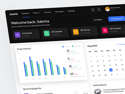 Edurise - Dashboard Learning Management System clean dashboard design e learning edu tech education elearning platform learning management system learning managemnt learning software lms online course skills student study ui uiux ux virtual class