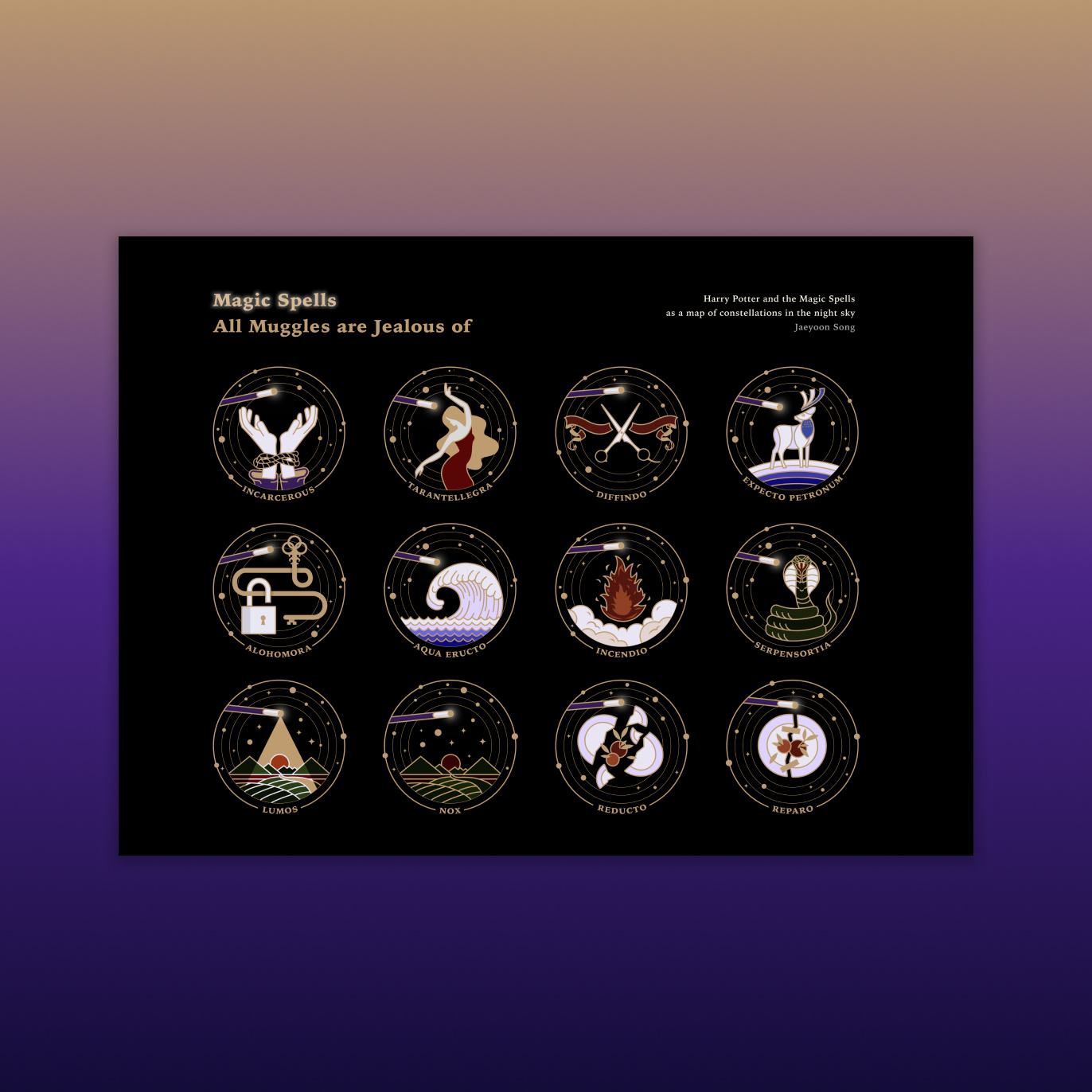 Starry Magic Spell Illustrations adobe illustrator black dancer dark deer fire gold hands harry potter illustration lock magic multiples plate scissors snake sparkling starry wave