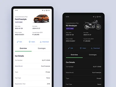 Vehicle details screen - Acko acko bike car clean coverage dailyui dark mode design details ford himalayan insurance minimal motorcycle simple ui ux vehicle