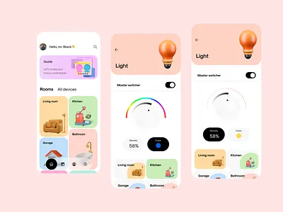 Smart Home App: Light controller app brightness bulb control density design devices home page interface light main screen management mobile smart smart app smart home smart house switcher ui ux