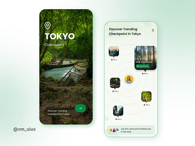 Tokyo Checkpoint travel Mobile App UI/UX Design 3d app appdesign application checkpoint colorcombination design figma forest green irishgreen mobile mobileapp tokyo trend typography ui uiux ux vm uiux