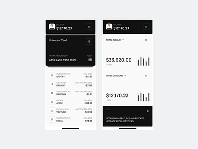 Mobile dashboard design | Best practices from Lazarev. analytics app application balance banking bill black cards clean concept dashboard design fintech list mobile money stats transactions ui ux