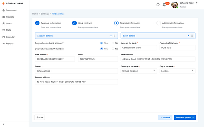 Financial information / bank details bank blue dashboard design design system financial onboarding page profile ui