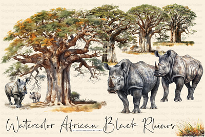 Endangered Black Rhino Watercolor Illustrations illustration watercolor animal watercolor art