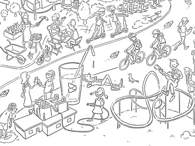 Duisburg South West cartoon character design comic hand drawn hiddenpicture illustration people wimmelbild