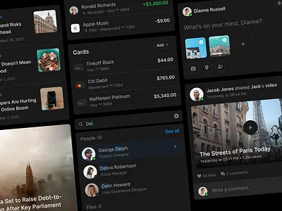 Dashboard Cards article blog card dark mode dashboard figma finance news post search social ui ui kit ux