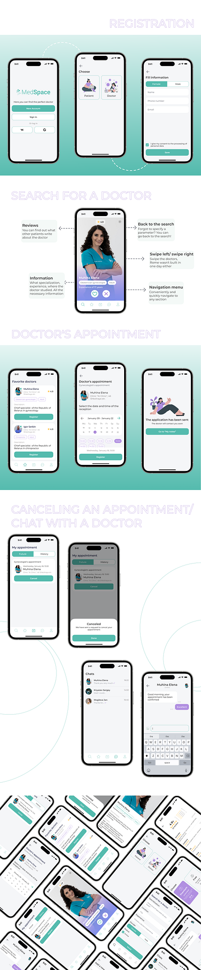 Medical app for doctors and patients "MedSpace" animation app branding design doctor flat icon illustration illustrator logo medical minimal mobile new product design typography ui ux