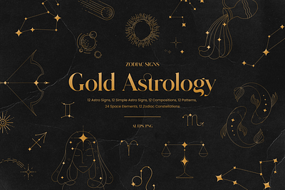 Gold Astrology & Zodiac Signs astrology celestial gold graphic design illustrations line art line art illustrations patterns seamless pattern zodiac zodiac clipart zodiac signs zodiac symbol