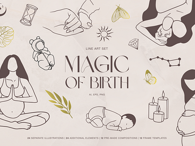 MAGIC OF BIRTH LINE ART ILLUSTRATIONS birth birth illustrations illustration illustrations kids illustrations line art line art illustrations patterns seamless pattern women