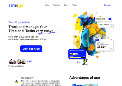 Landing page branding design hero herosection landing manager time ui ux webdesign