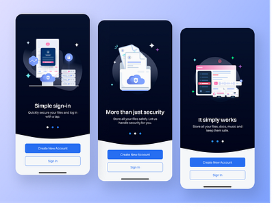 File security app - Onboarding app app design app onboarding process custom vector icons dark ui design figma mobile components file management app file security app fintech mobile app icon design illustration ios app mobile design mobile screens mobile screens concept ui design ux design vector illustrations web