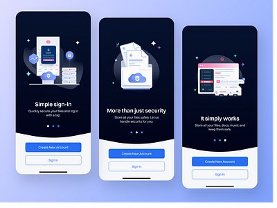 File security app - Onboarding app app design app onboarding process custom vector icons dark ui design figma mobile components file management app file security app fintech mobile app icon design illustration ios app mobile design mobile screens mobile screens concept ui design ux design vector illustrations web