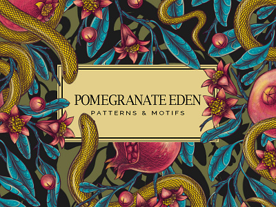 POMEGRANATE EDEN - patterns & motifs branding design drawing exotic fabric floral flowers graphic design home decor illustration pattern pattern design pomegranate retro seamless pattern snakes textile tropical vintage wallpaper