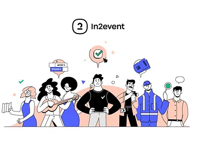 In2Event - Hero animation character design characters event explainer header hero illustration musician photographer platform security software tickets timeline