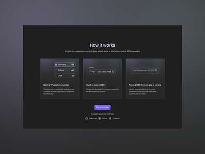 3 Cards Section for SMS Service 2023 cards code dark mode design grid innovative layout message minimal numbers saas section shades shadow sms spacing ui ux verification