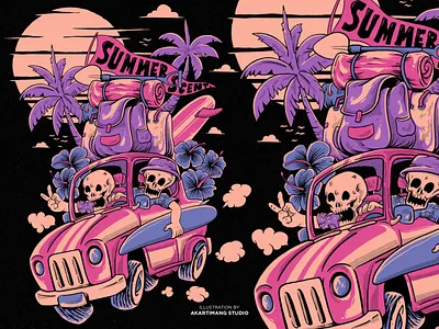 Summer Scene beach beachtrip design digitalillustration handdrawn illustration skull summer summerbeach summerdesign summertrip trip tshirt design vintage
