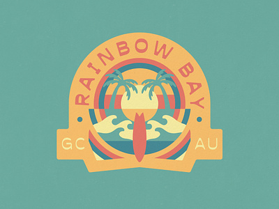 Rainbow Bay Badge, 2023 australia badge beach brand identity gold coast illustration ocean palm tree queensland rainbow bay surf surfboard surfing tree wave