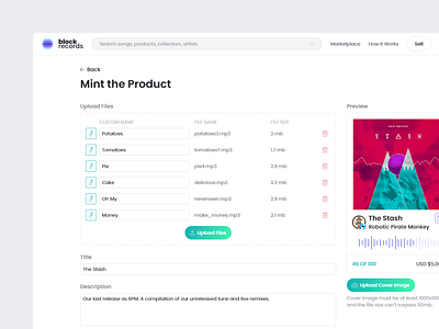 Block Records - Music NFT Marketplace Mint Page album band blockchain card crypto cryptocurrency e commerce green input light mint music nft platform player song ui upload web website