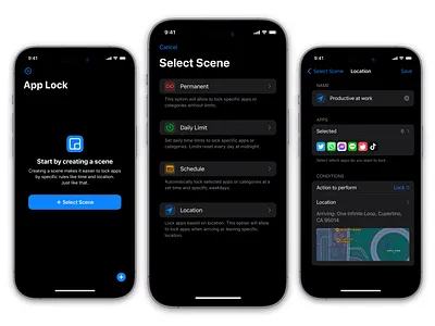 App Lock - Home Screen | Select Scene | Setup Scene app app lock branding design icon ios lock lock apps screen screen time time time guardian time limit ui