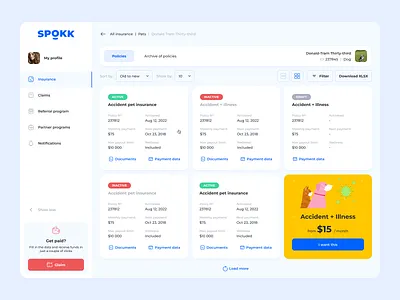 SPOKK insurance platform dashboard design spokk uiux web