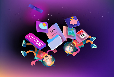 Cartoon astronauts in space and mobile interface icons galaxy