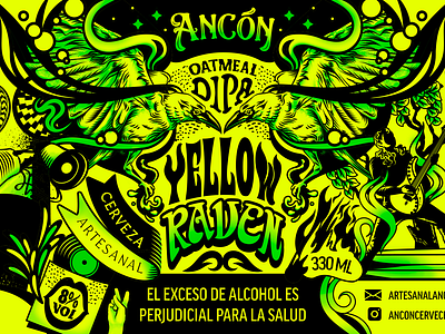 Yellow Raven Oatmeal Beer beer beer brewery bottle branding graphic design illustration label metal packaging print psychedelic typography vector