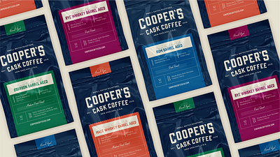 Cooper's Cask Coffee - Packaging Design art direction barrel aged branding cask coffee coffee bag coffee design coffee label coffee packaging coffee roast gourmet coffee label design logo logo design new england packaging rebrand typography whiskey