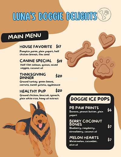 Luna's Doggie Delights Food Menu adobe illustrator design graphic design illustration menu design