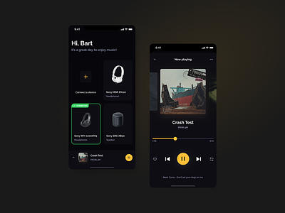 Music Player app bluetooth concept connect dark darkmode design headphones interface mobile music player product ui ux
