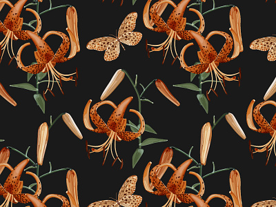 Seamless pattern with a branch of orange lilies and a butterfly. vector