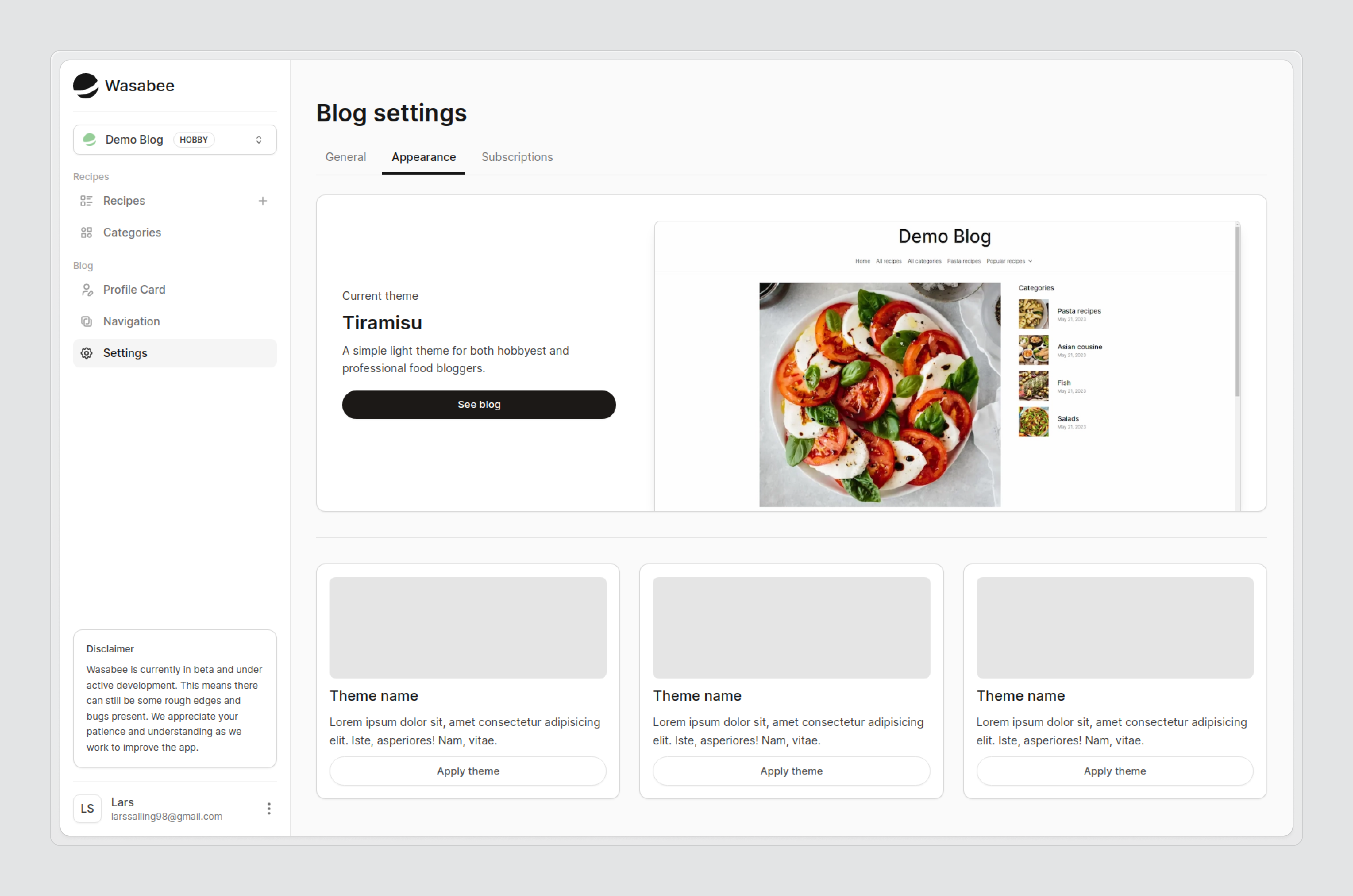 Wasabee - Theme Selection branding design illustration list selection theme typography ux