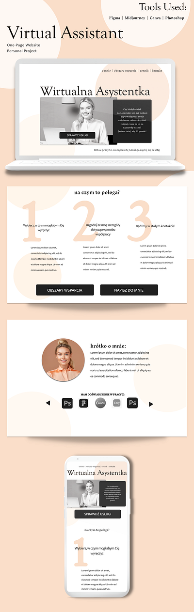 Virtual Assistant One-Page Website ai artist design feminine figma graphic layout midjourney one page one pager pastel ui website