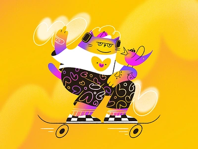 Skater Cat art badass bird blog illustration cat cat character cheeky flat illustration gradient illustration longboard mad cat procreate quirky skate skater sketchy tattooed texture yellow