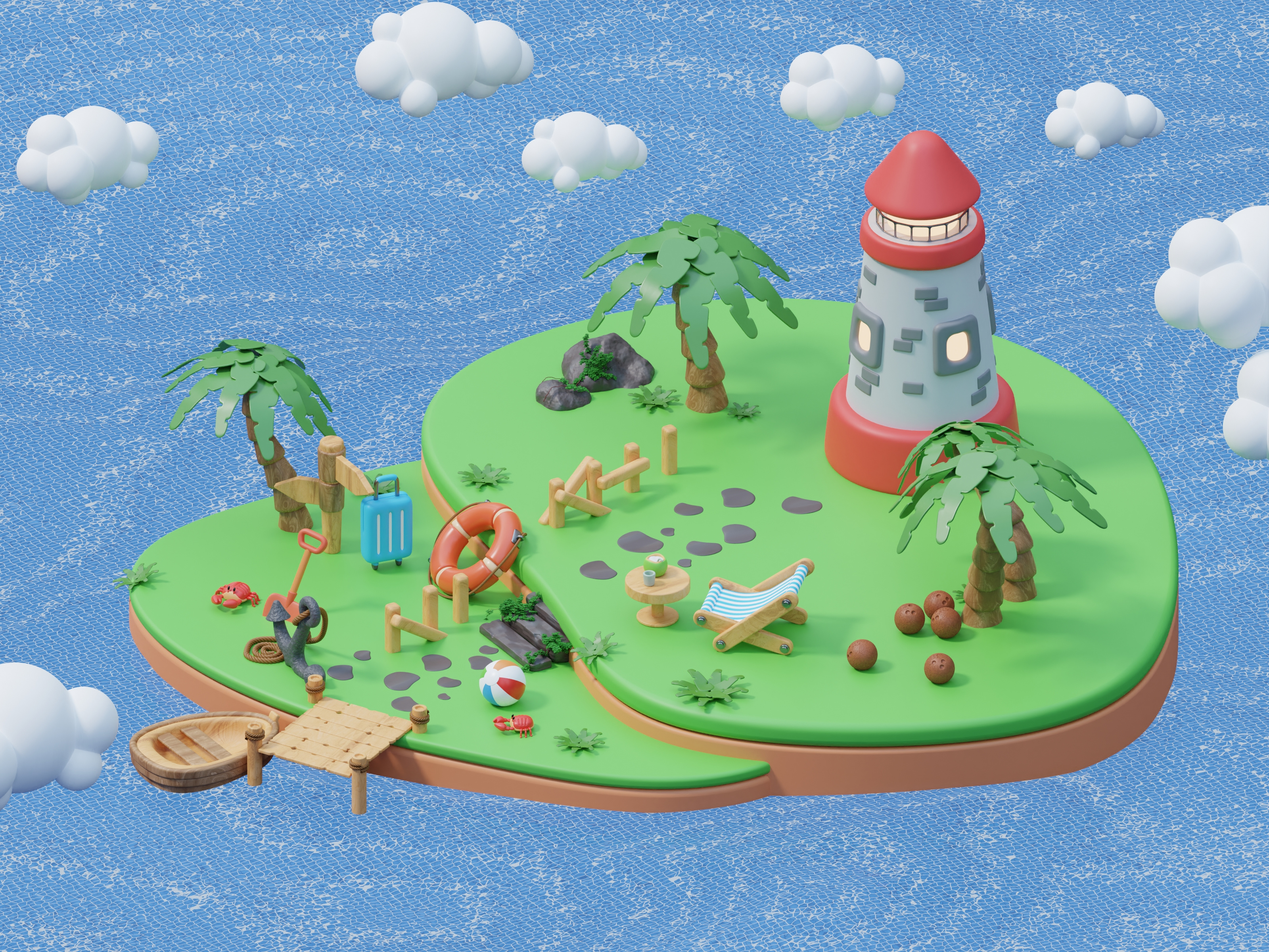 Summer 3D Illustration 3d 3d art 3dillustration beach beachlife blender branding cute design graphic design illustration island lifebuoy ocean palmtree poolside seaside summer sunny tropical