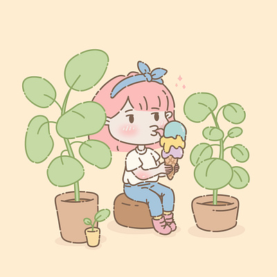 Girl with ice cream 2d cartoon character characterdesign children cute design garden girl green icecream illustration line drawing plants