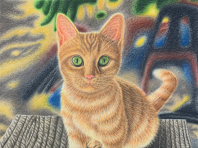 Tangerine and Green animal cat color colored pencil drawing colored pencils colorful drawing farm fur green green eyes kitten orange stare traditional traditional drawing