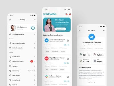 Workwide - Job Finder Apps UI KIT app app design apply apply job cv find job finding job hr job job finder job search job seeker mobile mobile app mobile app design remote working