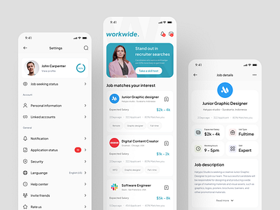 Workwide - Job Finder Apps UI KIT app app design apply apply job cv find job finding job hr job job finder job search job seeker mobile mobile app mobile app design remote working