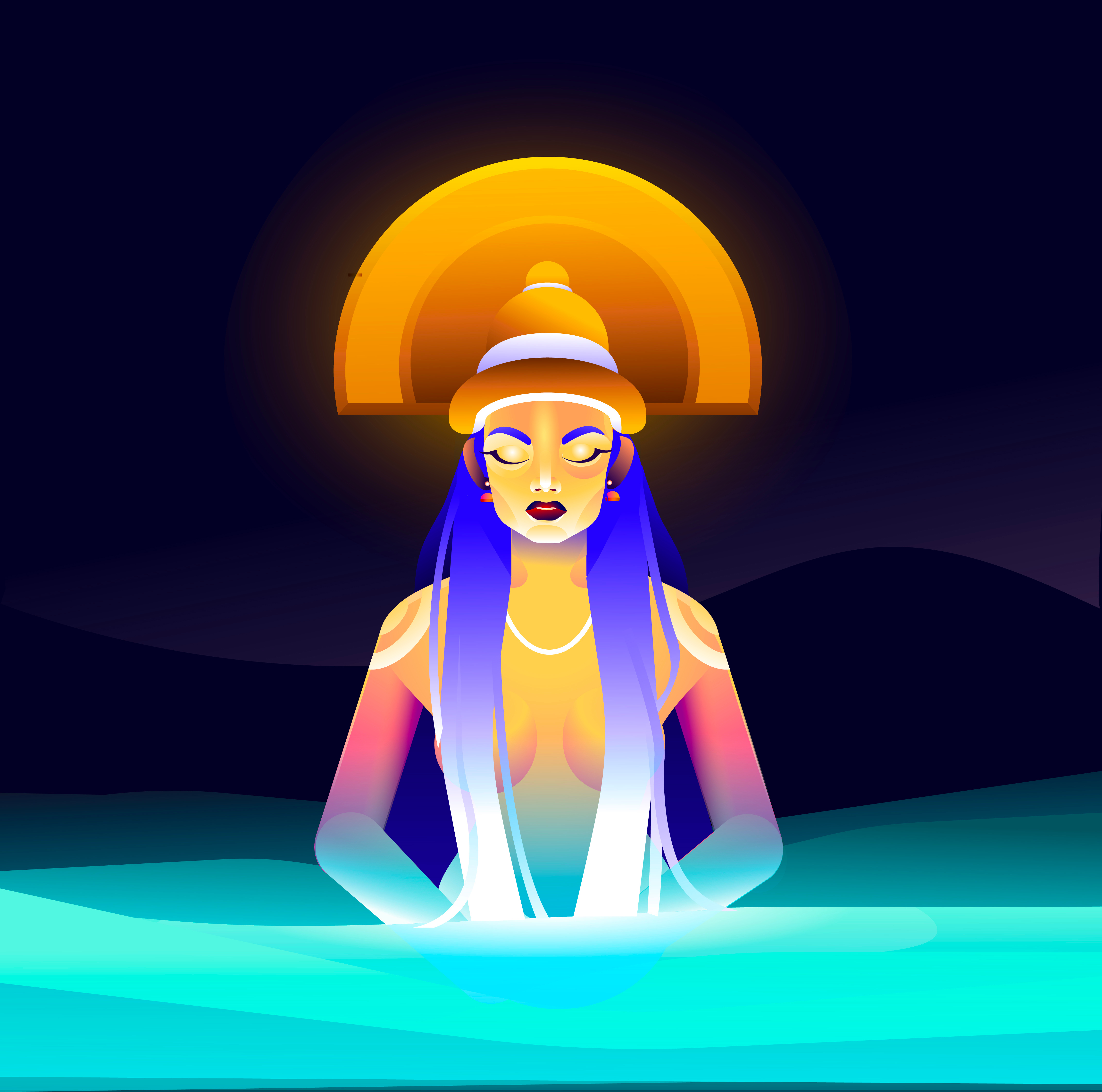 Goddess of water character colourful girlhair god illustration kerala minimal night vector water woman