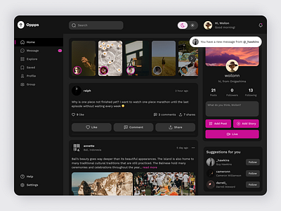 Oppps - Social Media Desktop App (Dark Mode) daily ui dark mode dashboard desktop app high fidelity minimal social media social media app ui ui design uiux