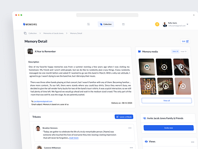 Memoirs - Detail Page app dashboard dashboard design design memory creation ui ui design uiux usability user user dashboard user experience ux web app website