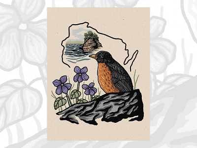American Robin americanrobin birds design drawing flowers illustration wisconsin woodviolet
