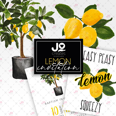 Watercolor lemons and lemon tree in pot easy peasy lemon squeezy hand drawn invitaion lemon lemon tree tree in pot watercolor