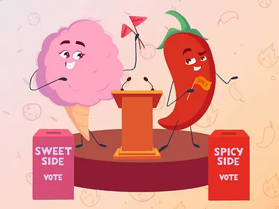 Election sweet and spicy side! Card for the board game board game bright card character childrens book cute design election illustration kids pepper photoshop spicy sweet table game