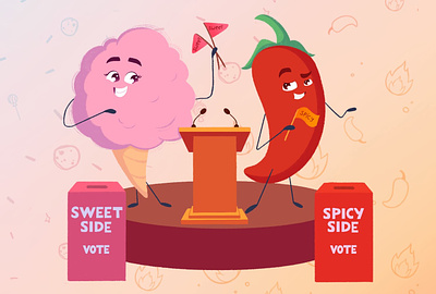 Election sweet and spicy side! Card for the board game board game bright card character childrens book cute design election illustration kids pepper photoshop spicy sweet table game