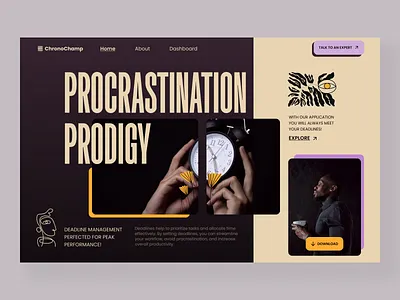 Concept for an Application to Control Deadlines beige branding brown concept deadline design first screen hero page idea inhensweb landing procrastination ui website
