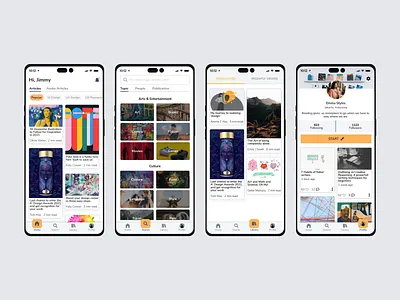 Magazine App app app design app ui design article app custom app design exploration app explore page highlight page home page library app library page magazine app minimalistic app design mobile app news app profile page reading app searching page ui design ux design